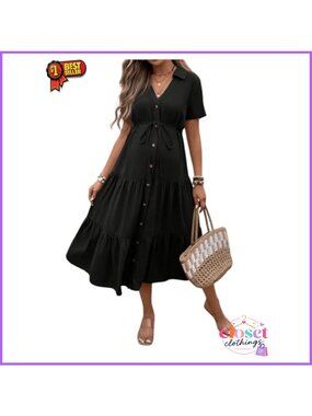 Maternity Button Front Belted Midi Dress Collared V Neck Short Sleeve
